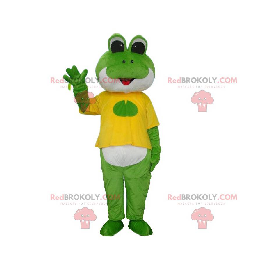 Groene en witte kikker mascotte gekleed in geel - Redbrokoly.com