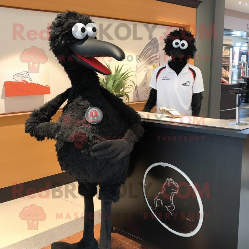 Black Ostrich mascot costume character dressed with a Polo Tee and Watches