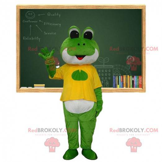 Grønn og hvit froskmaskot kledd i gult - Redbrokoly.com