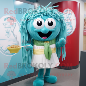 Turquoise Ramen mascot costume character dressed with a Dress and Tie pins