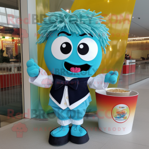 Turquoise Ramen mascot costume character dressed with a Dress and Tie pins