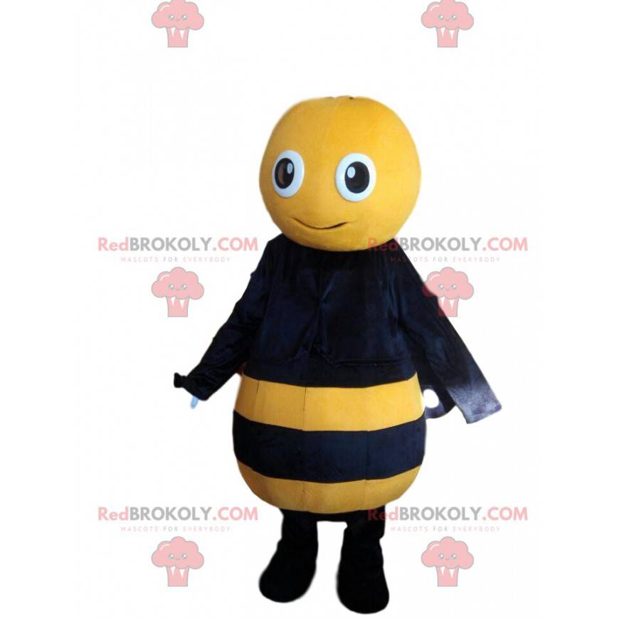 Yellow and black bee mascot, smiling wasp costume -