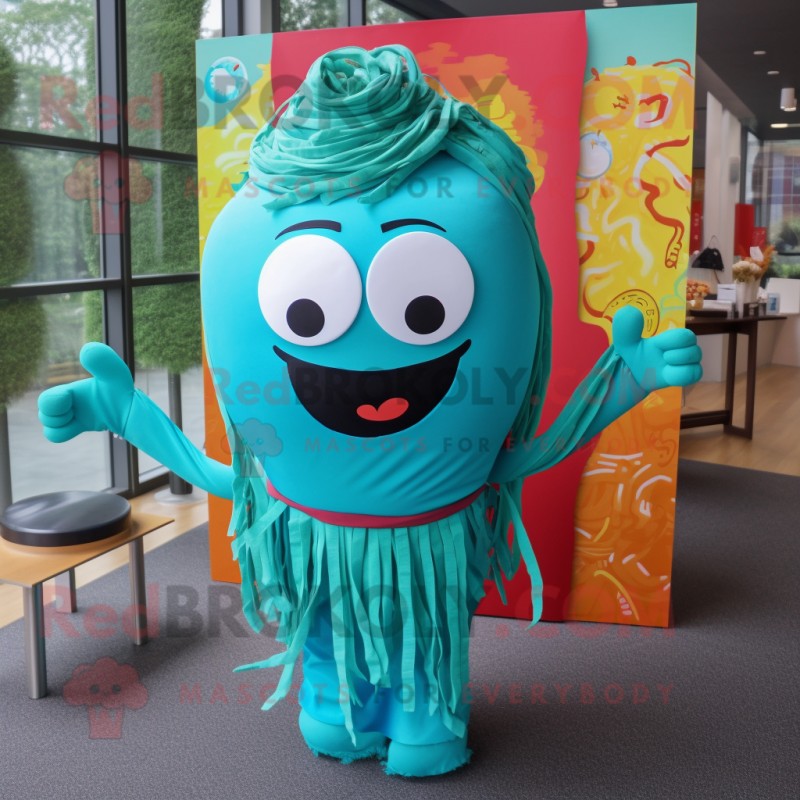 Turquoise Ramen mascot costume character dressed with a Dress and Tie pins Turquoise Ramen mascot costume character dressed with a Dress and Tie pins
