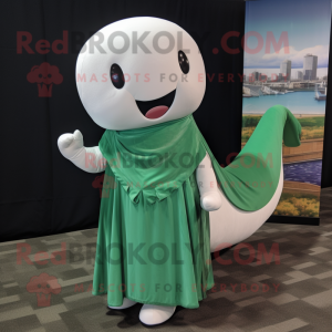 Forest Green Beluga Whale mascot costume character dressed with a Midi Dress and Shawl pins