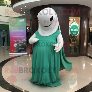 Forest Green Beluga Whale mascot costume character dressed with a Midi Dress and Shawl pins