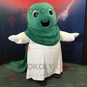Forest Green Beluga Whale mascot costume character dressed with a Midi Dress and Shawl pins