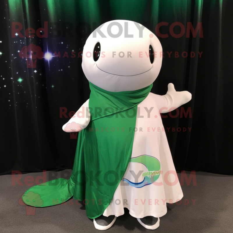 Forest Green Beluga Whale mascot costume character dressed with a Midi Dress and Shawl pins