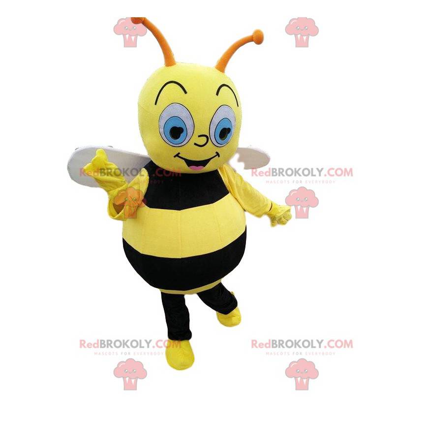 Zwart en geel bijenmascotte, kostuum met vliegende insecten -