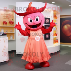 Peach Devil mascot costume character dressed with a Sheath Dress and Caps