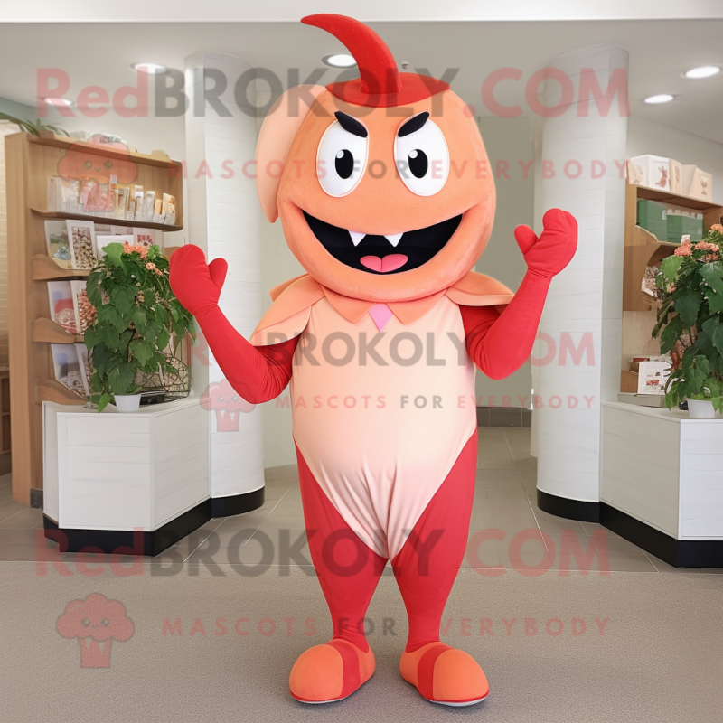 Peach Devil mascot costume character dressed with a Sheath Dress and Caps