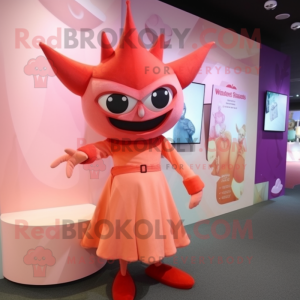 Peach Devil mascot costume character dressed with a Sheath Dress and Caps