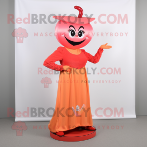 Peach Devil mascot costume character dressed with a Sheath Dress and Caps