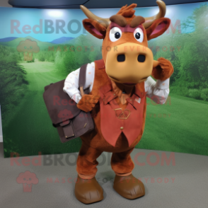 Rust Zebu mascot costume character dressed with a Oxford Shirt and Messenger bags