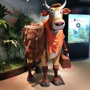 Rust Zebu mascot costume character dressed with a Oxford Shirt and Messenger bags