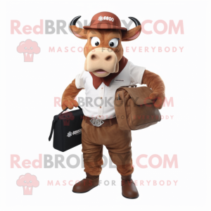 Rust Zebu mascot costume character dressed with a Oxford Shirt and Messenger bags