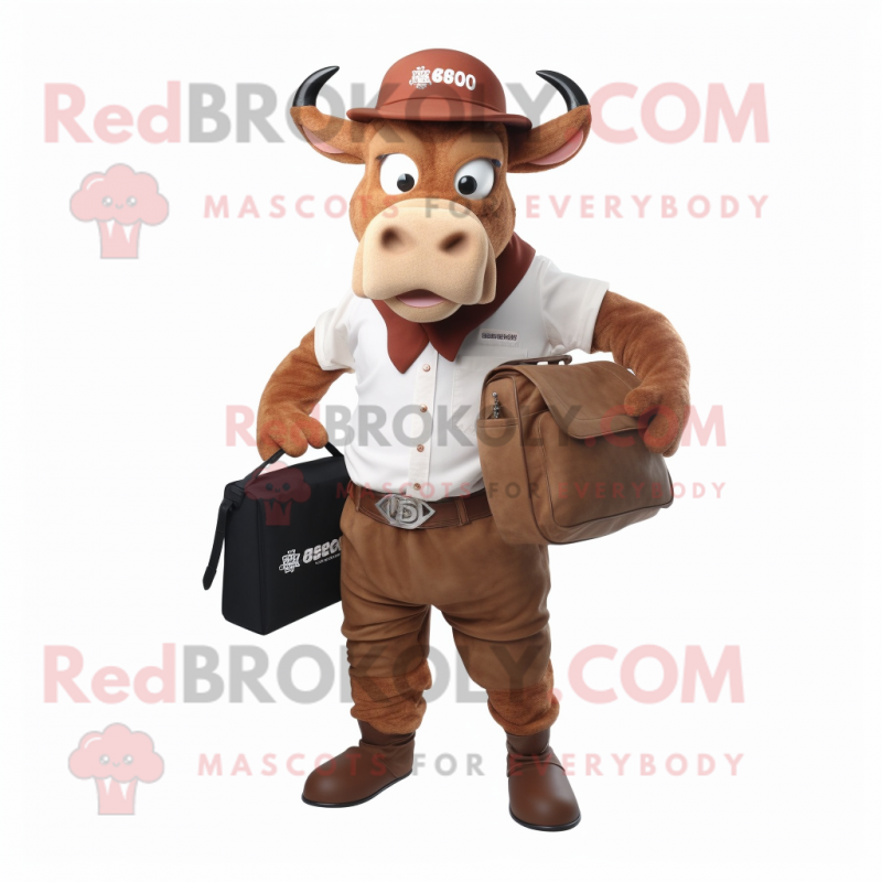Rust Zebu mascot costume character dressed with a Oxford Shirt and Messenger bags Rust Zebu mascot costume character dressed with a Oxford Shirt and Messenger bags