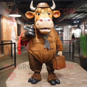 Rust Zebu mascot costume character dressed with a Oxford Shirt and Messenger bags