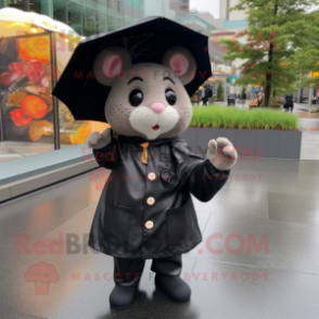 Black Hamster mascot costume character dressed with a Raincoat and Pocket squares