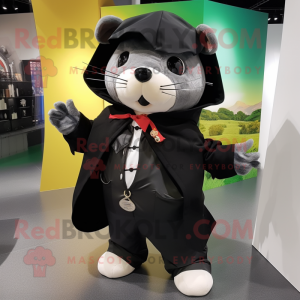 Black Hamster mascot costume character dressed with a Raincoat and Pocket squares