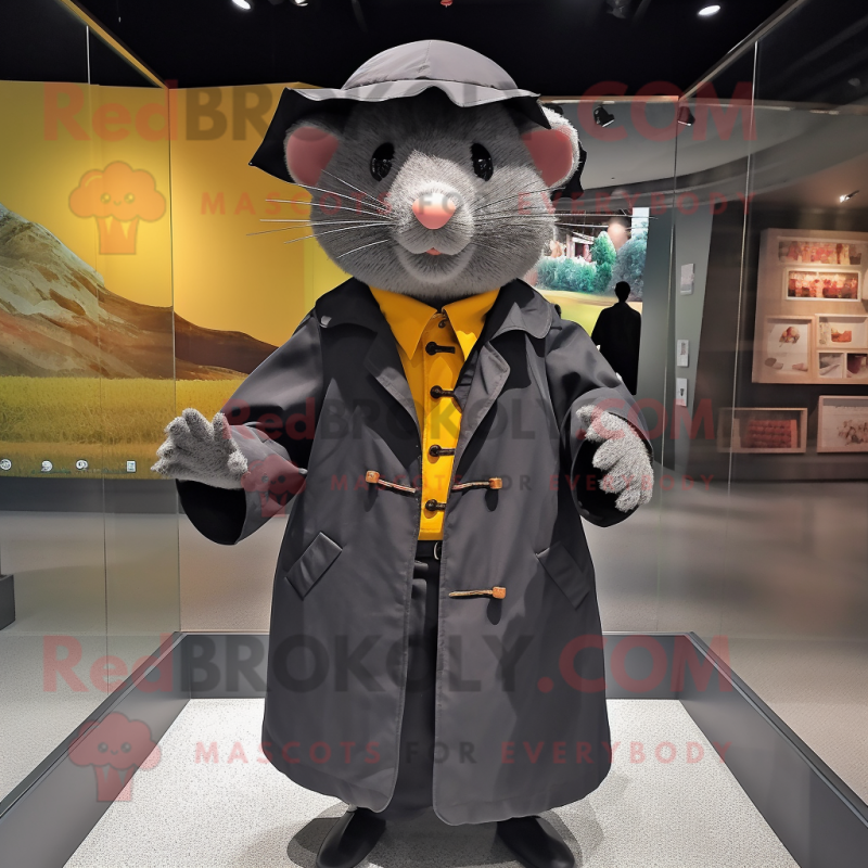 Black Hamster mascot costume character dressed with a Raincoat and Pocket squares