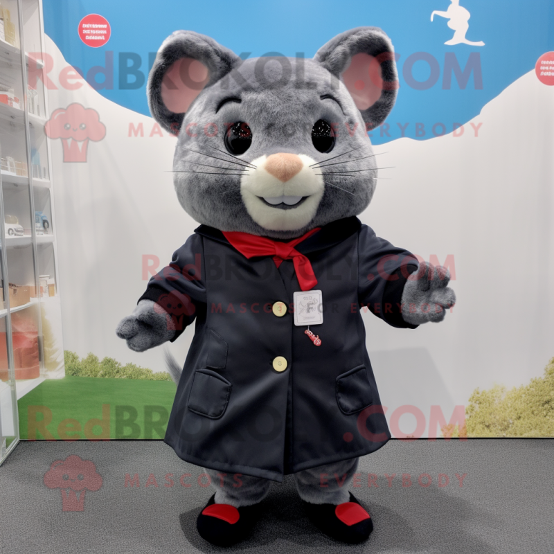 Black Hamster mascot costume character dressed with a Raincoat and Pocket squares