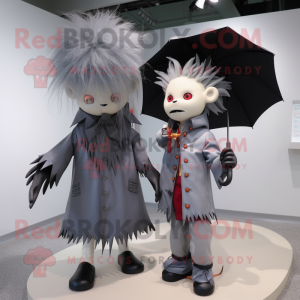 Gray Vampire mascot costume character dressed with a Raincoat and Hairpins