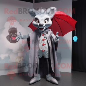 Gray Vampire mascot costume character dressed with a Raincoat and Hairpins