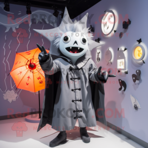 Gray Vampire mascot costume character dressed with a Raincoat and Hairpins