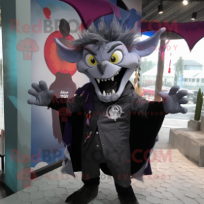 Gray Vampire mascot costume character dressed with a Raincoat and Hairpins