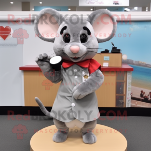 Gray Mouse mascot costume character dressed with a A-Line Dress and Keychains