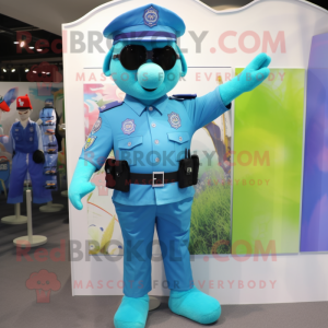 Cyan Police Officer mascot costume character dressed with a Polo Tee and Earrings