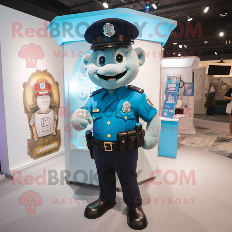Cyan Police Officer mascot costume character dressed with a Polo Tee and Earrings Cyan Police Officer mascot costume character dressed with a Polo Tee and Earrings