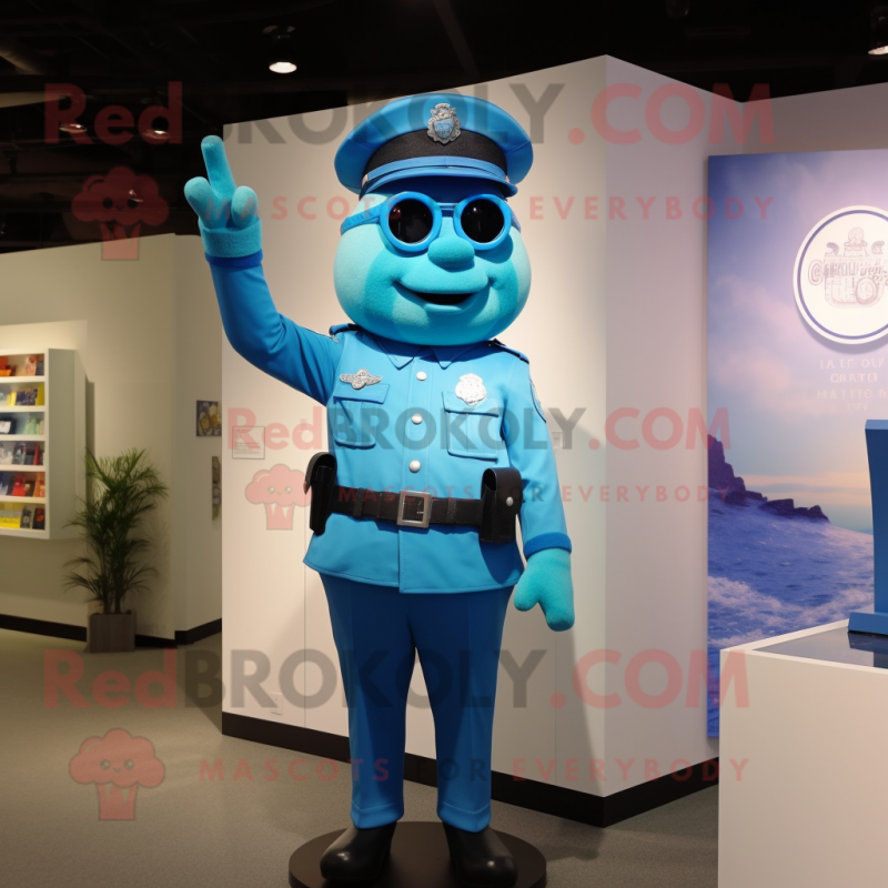 Cyan Police Officer mascot costume character dressed with a Polo Tee and Earrings