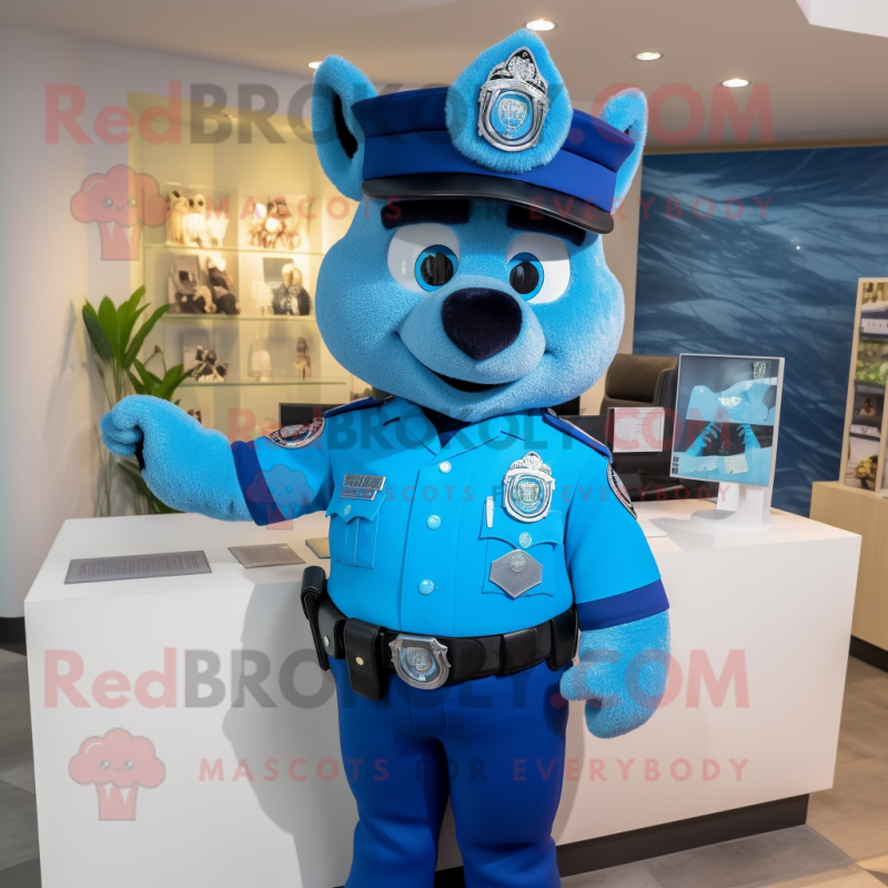 Cyan Police Officer mascot costume character dressed with a Polo Tee and Earrings