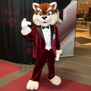 Maroon Lynx mascot costume character dressed with a Tuxedo and Shoe laces