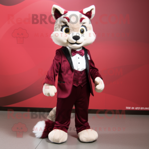 Maroon Lynx mascot costume character dressed with a Tuxedo and Shoe laces