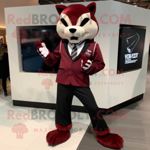 Maroon Lynx mascot costume character dressed with a Tuxedo and Shoe laces
