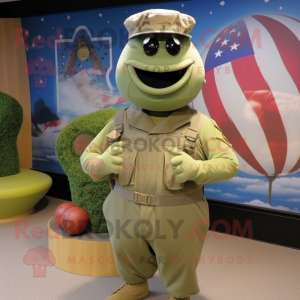 Olive American Soldier mascot costume character dressed with a One-Piece Swimsuit and Hat pins