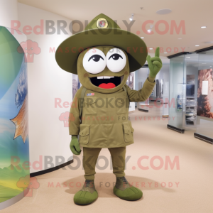 Olive American Soldier mascot costume character dressed with a One-Piece Swimsuit and Hat pins