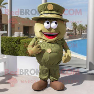 Olive American Soldier mascot costume character dressed with a One-Piece Swimsuit and Hat pins
