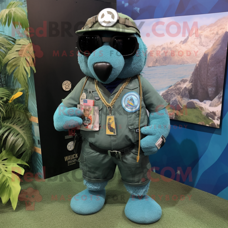 Turquoise Navy Seal mascot costume character dressed with a Cargo Shorts and Necklaces