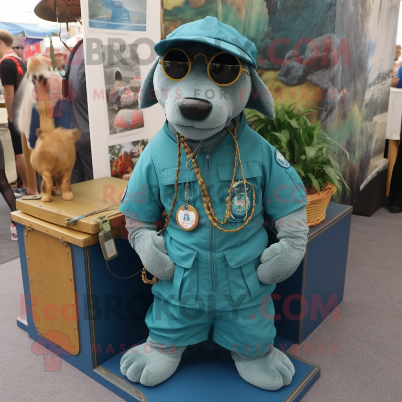 Turquoise Navy Seal mascot costume character dressed with a Cargo Shorts and Necklaces