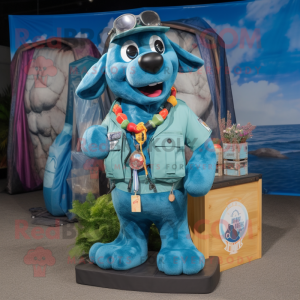 Turquoise Navy Seal mascot costume character dressed with a Cargo Shorts and Necklaces