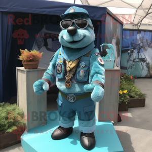 Turquoise Navy Seal mascot costume character dressed with a Cargo Shorts and Necklaces