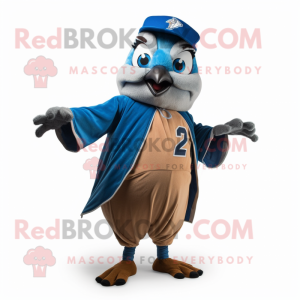 Brown Blue Jay mascot costume character dressed with a Sweatshirt and Wraps