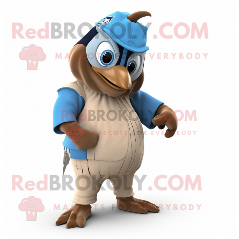 Brown Blue Jay mascot costume character dressed with a Sweatshirt and Wraps