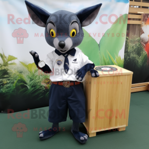 Navy Fruit Bat mascot costume character dressed with a Oxford Shirt and Bracelet watches