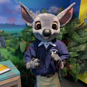 Navy Fruit Bat mascot costume character dressed with a Oxford Shirt and Bracelet watches