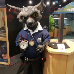 Navy Fruit Bat mascot costume character dressed with a Oxford Shirt and Bracelet watches