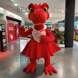 Red Iguanodon mascot costume character dressed with a Midi Dress and Bow ties